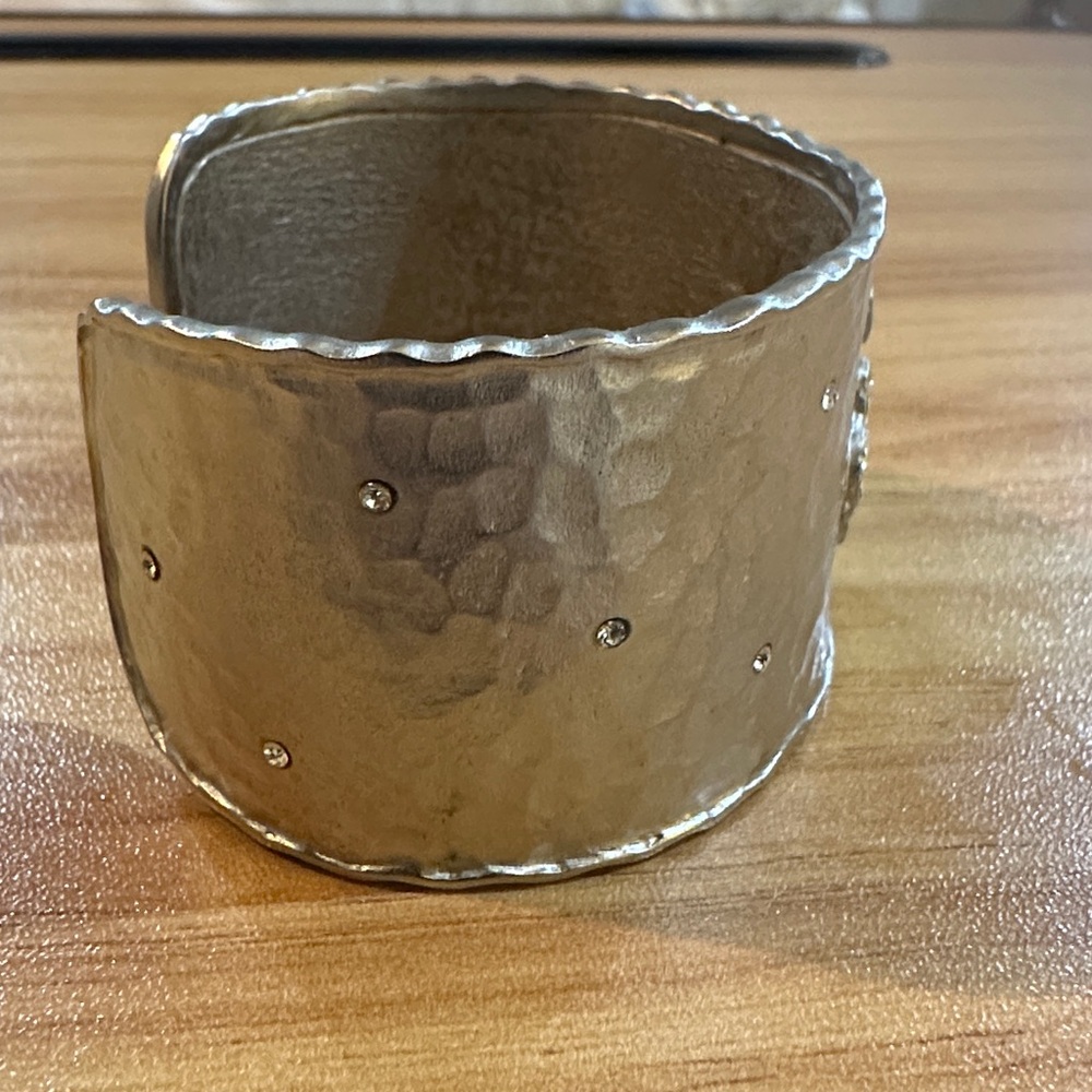 Virgin Saints and Angels Silver Hammered Cuff Bracelet with Crystal Cross Accent - Picture 5 of 5